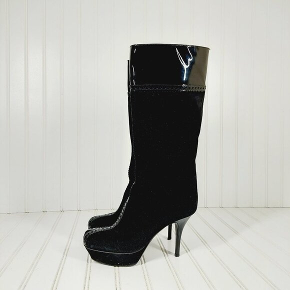 Yves Saint Laurent Black Leather Suede and Patent Slip On High Heel Boots I22